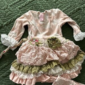 Giggle Moon Pink & Olive Layered Lace Dress set